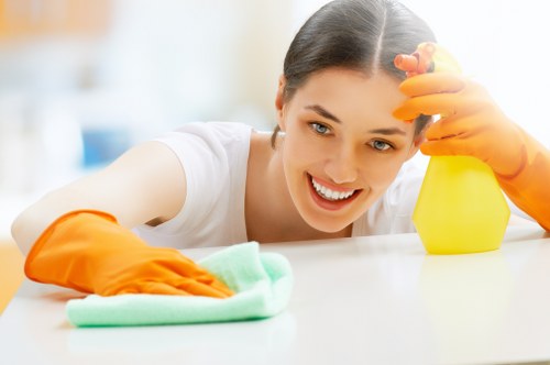 Kitchen house cleaning with organized surfaces and shining counters